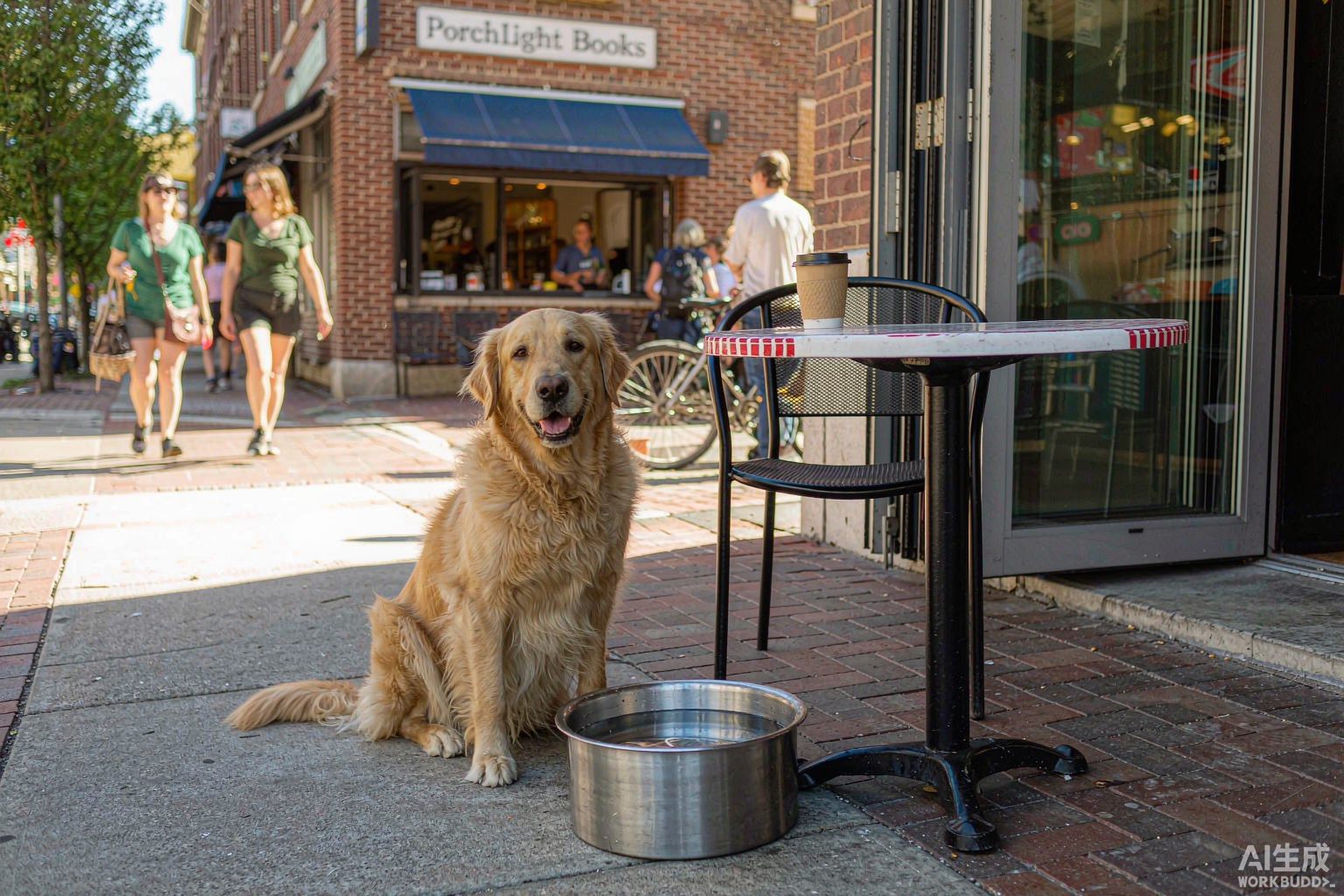 A golden retriever sitting on a sunny café patio beside a water bowl